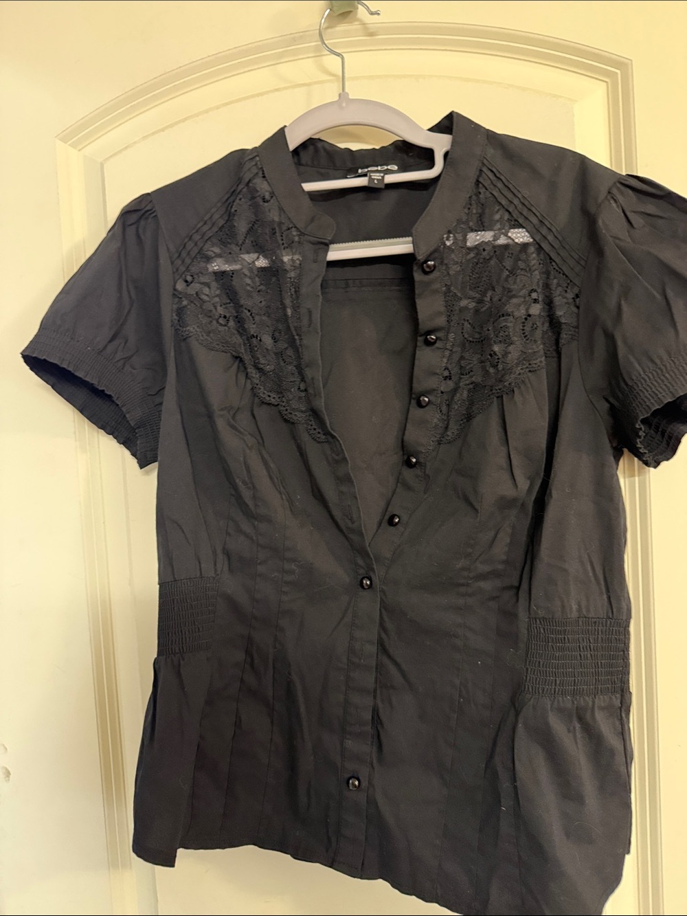 bebe Black Short-Sleeve Button Front Shirt with Lace Yoke